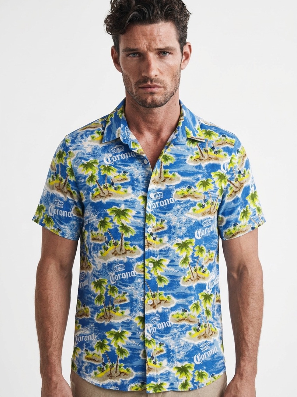 CORONA | Blue Tropical Print Short-Sleeve Button Down Shirt Men’s Size Small